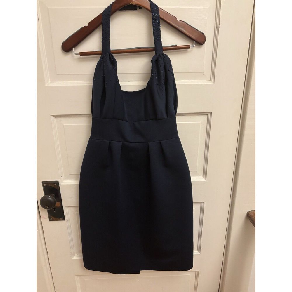 Badgley Mischka Tara Embellished Taffeta Halter Sheath Dress Blue Size 8 $595